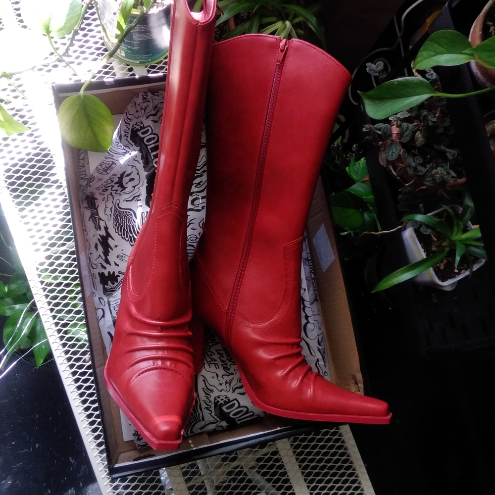 Dolls Kill Red Pointed-Toe Mid-Calf Heeled Boots - Picture 14 of 16